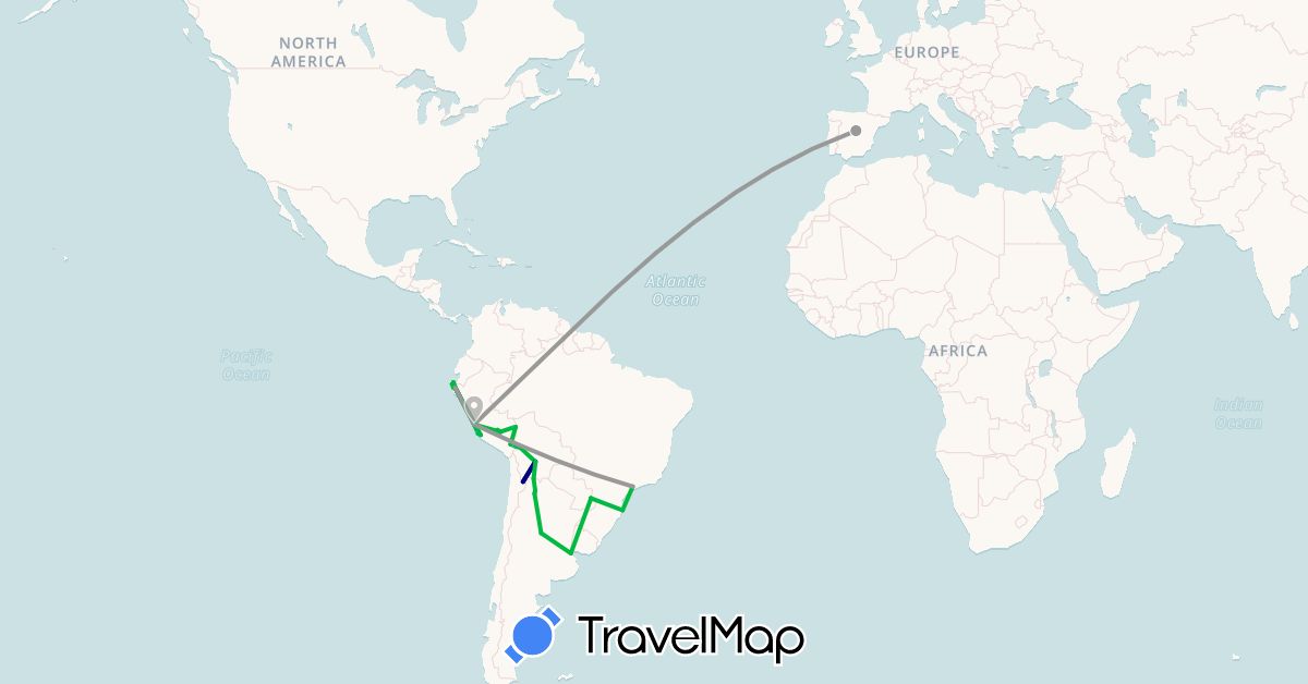 TravelMap itinerary: driving, bus, plane, hiking, boat in Argentina, Bolivia, Brazil, Spain, Peru (Europe, South America)